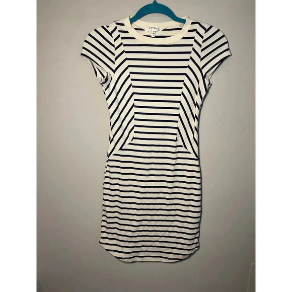 Monteau Cream Navy Stripe Bodycon Short Sleeve Dress Women's Size Small - Picture 1 of 4